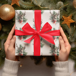 ヴィンテージクリスマスの鹿と赤いリボン | ラッピングペーパー