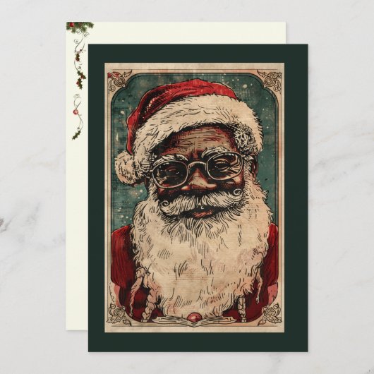 ヴィンテージクリスマスの黒いサンタクロース メガネをかけたサンタ シーズンカード (正面/裏面)
