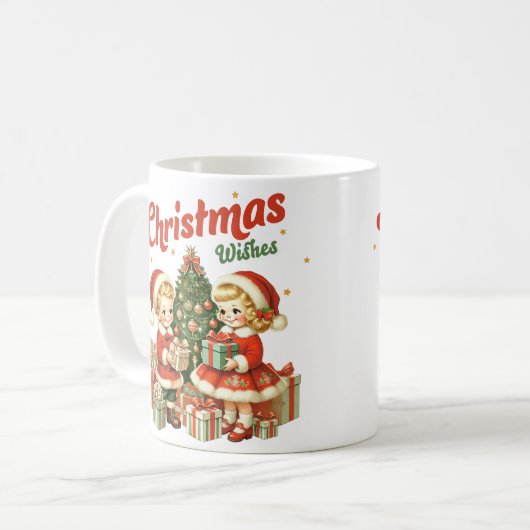 ヴィンテージクリスマスは子供たちにプレゼントを願う コーヒーマグカップ (正面左)