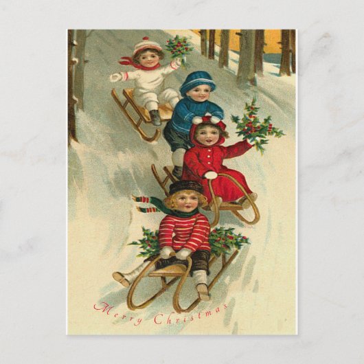 ヴィンテージクリスマスもしくは可愛い子供たちの雪の中でのスキー シーズンポストカード (正面)