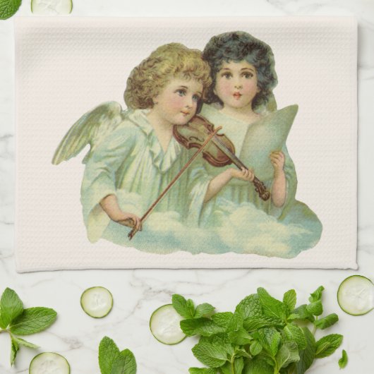 ヴィンテージクリスマスアンジェルスビクトリアン音楽ヴァイオリン キッチンタオル (折り畳み)