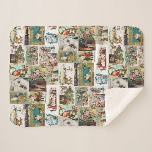 ヴィンテージクリスマスアンティークコラージュクリスマス シェルパブランケット (正面(横))