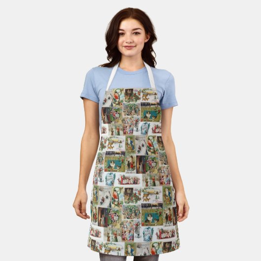 ヴィンテージクリスマスアンティークコラージュ エプロン (着用した状態)