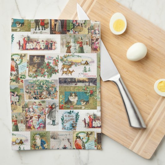 ヴィンテージクリスマスアンティークコラージュ キッチンタオル (四つ折り)