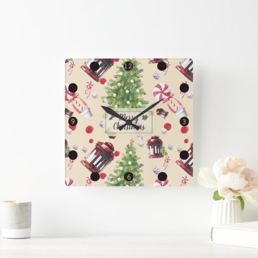 ヴィンテージクリスマスアートパターン スクエア壁時計 (ホーム)