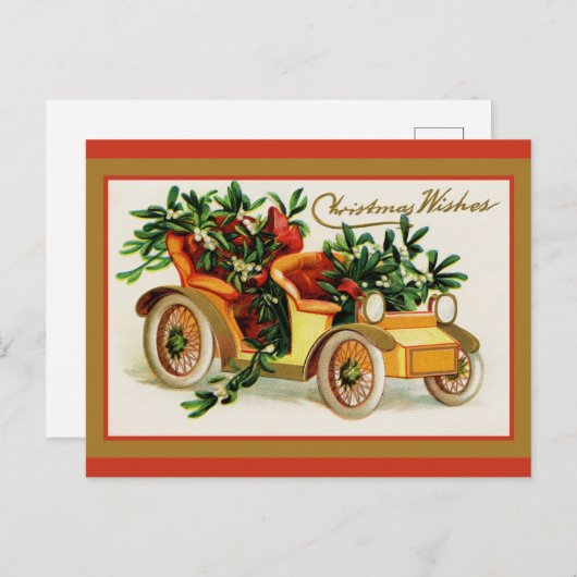ヴィンテージクリスマスウィッシュ挨拶アンティーク車 ポストカード (正面/裏面)