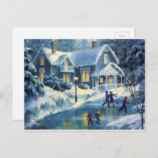 ヴィンテージクリスマスウィンターアイススケートで滑る シーズンポストカード (正面/裏面)