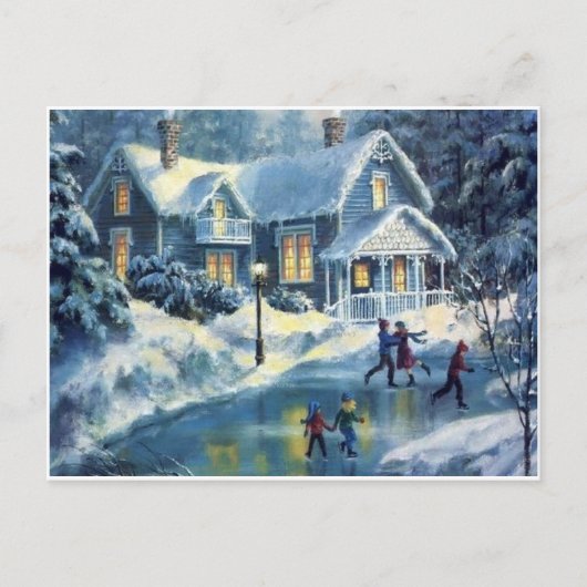 ヴィンテージクリスマスウィンターアイススケートで滑る シーズンポストカード (正面)
