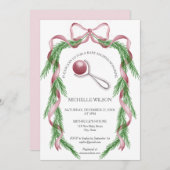 ヴィンテージクリスマスウィンターグリーンリーピンクボウ 招待状 (正面/裏面)