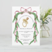 ヴィンテージクリスマスウィンターグリーンリーピンクボウ 招待状 (スタンド正面)