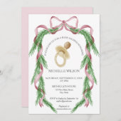 ヴィンテージクリスマスウィンターグリーンリーピンクボウ 招待状 (正面/裏面)