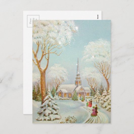 ヴィンテージクリスマスウィンターチャーチシーン シーズンポストカード (正面/裏面)