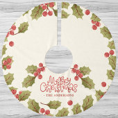 ヴィンテージクリスマスウォーターカラーホリー葉ズモノグラム ブラッシュドポリエステルツリースカート