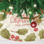 ヴィンテージクリスマスウォーターカラーホリー葉ズモノグラム ブラッシュドポリエステルツリースカート