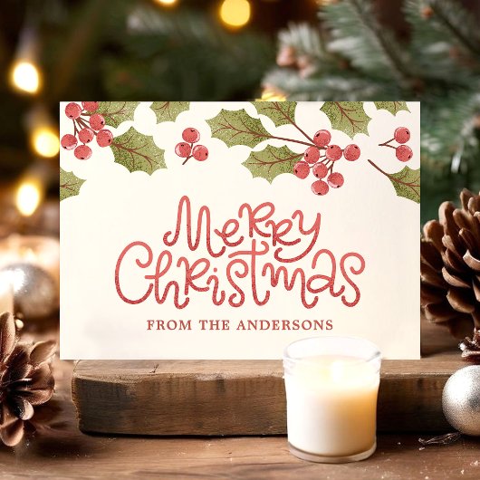 ヴィンテージクリスマスウォーターカラーホリー葉ズモノグラム ポストカード