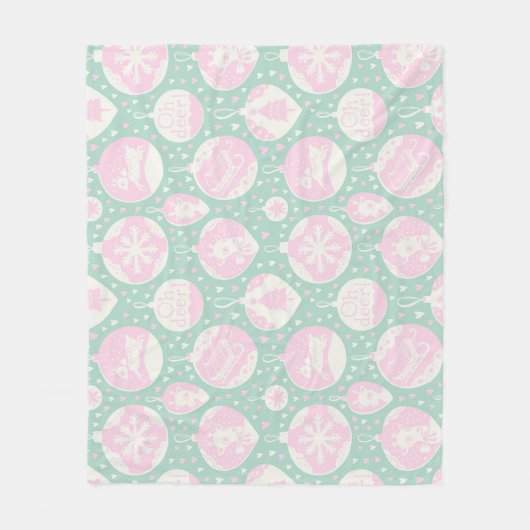 ヴィンテージクリスマスウッドランドピンクのグリーンアート フリースブランケット (正面)