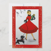 ヴィンテージクリスマスウーマンドッグレッド金ゴールドホリデーカード シーズンカード (正面)