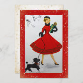 ヴィンテージクリスマスウーマンドッグレッド金ゴールドホリデーカード シーズンカード (正面/裏面)