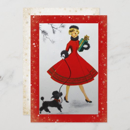 ヴィンテージクリスマスウーマンドッグレッド金ゴールドホリデーカード シーズンカード (正面/裏面)