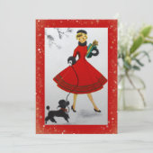 ヴィンテージクリスマスウーマンドッグレッド金ゴールドホリデーカード シーズンカード (スタンド正面)