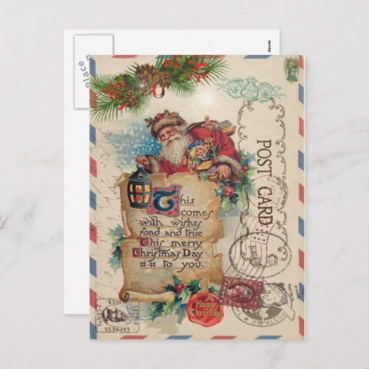 ヴィンテージクリスマスエアメールポストサンタクロース シーズンポストカード (正面/裏面)