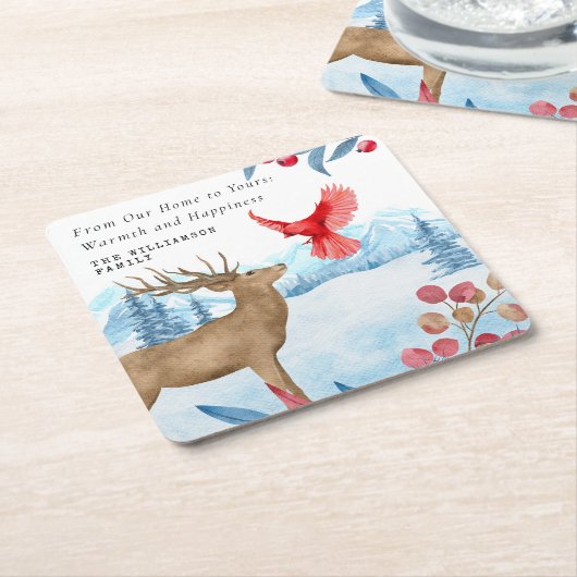 ヴィンテージクリスマスエルクレッド（鳥）ショウジョウコウカンチョウ パーソナライズされた スクエアペーパーコースター (アングル)