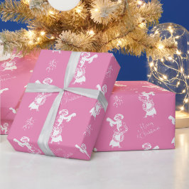 ヴィンテージクリスマスエレガントショッピングガールホワイトピンク ラッピングペーパー