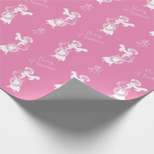 ヴィンテージクリスマスエレガントショッピングガールホワイトピンク ラッピングペーパー (角)