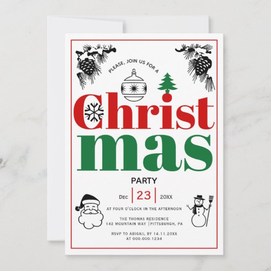 ヴィンテージクリスマスエレメンツタイポグラフィ休日 招待状 (正面)