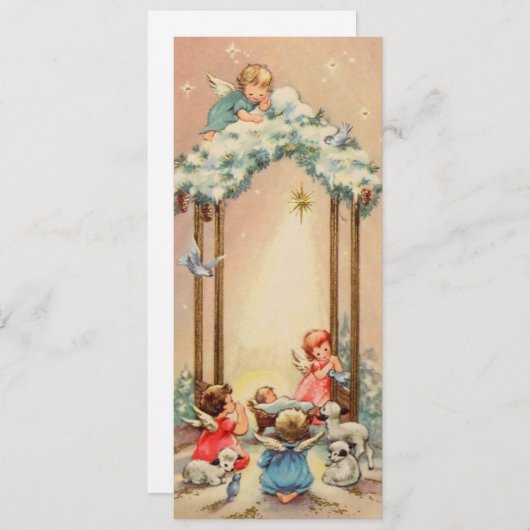 ヴィンテージクリスマスエンジェルが赤ちゃんイエスを見守る シーズンカード (正面/裏面)