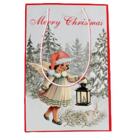 ヴィンテージクリスマスエンジェルとウサギ ミディアムペーパーバッグ