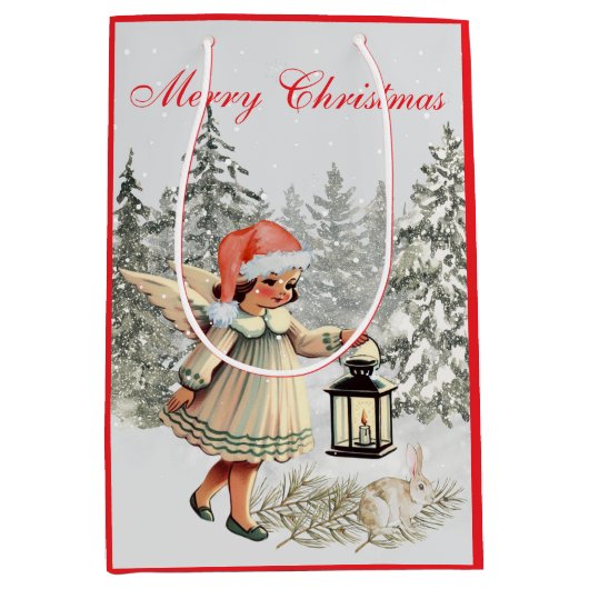 ヴィンテージクリスマスエンジェルとウサギ ミディアムペーパーバッグ (正面)