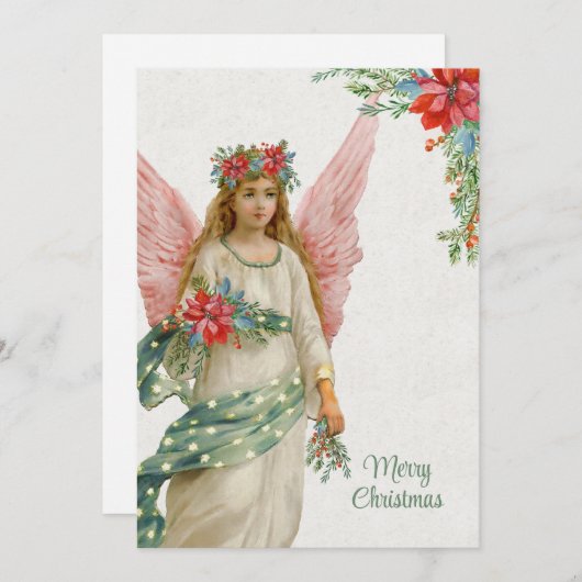 ヴィンテージクリスマスエンジェルとポインセティアス シーズンカード (正面/裏面)