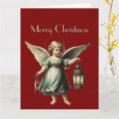 ヴィンテージクリスマスエンジェルとランタン カード (黄色い花)