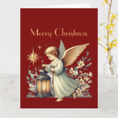 ヴィンテージクリスマスエンジェルとランタン カード (黄色い花)