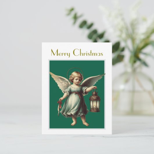 ヴィンテージクリスマスエンジェルとランタン ポストカード (スタンド正面)