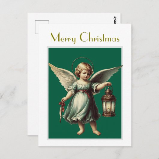 ヴィンテージクリスマスエンジェルとランタン ポストカード (正面/裏面)