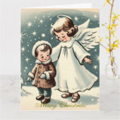 ヴィンテージクリスマスエンジェルと子供 カード (黄色い花)
