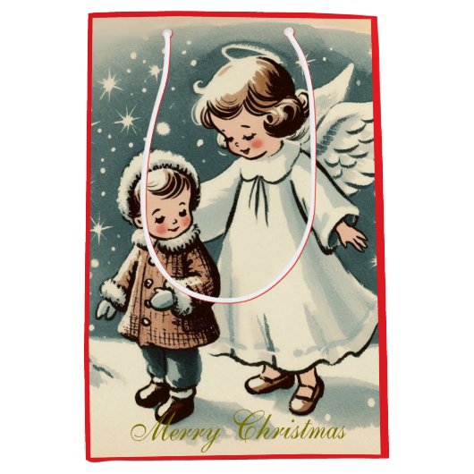 ヴィンテージクリスマスエンジェルと子供 ミディアムペーパーバッグ (正面)