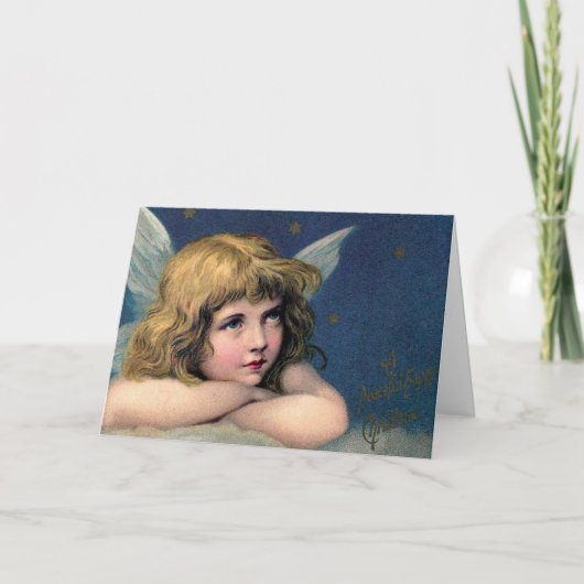 ヴィンテージクリスマスエンジェルと金ゴールドスター シーズンカード (正面)