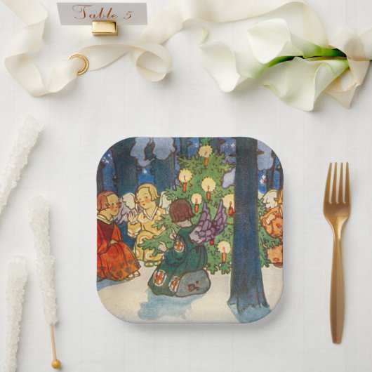 ヴィンテージクリスマスエンジェルアートホリデイ ペーパープレート (ウェディング)