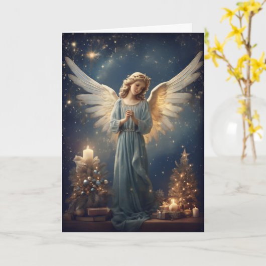 ヴィンテージクリスマスエンジェルカスタム文字ホリデイ カード (黄色い花)