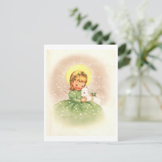 ヴィンテージクリスマスエンジェルガールウィズベビーラム シーズンポストカード (スタンド正面)
