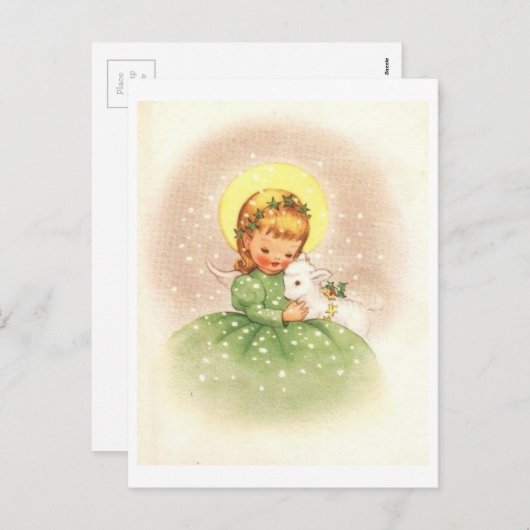 ヴィンテージクリスマスエンジェルガールウィズベビーラム シーズンポストカード (正面/裏面)