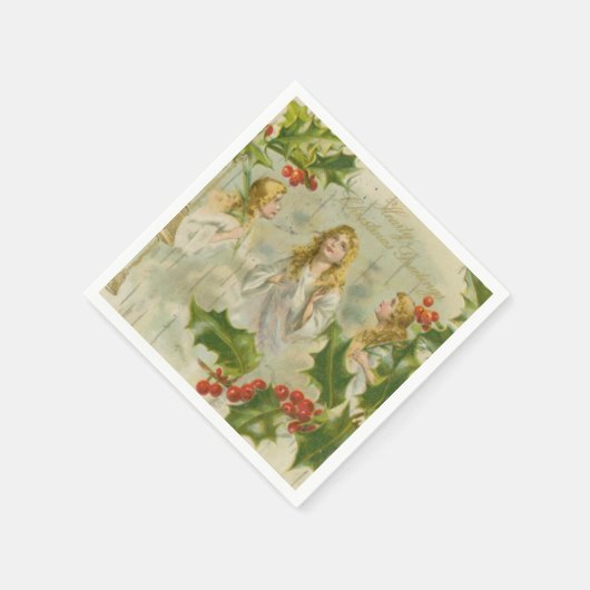ヴィンテージクリスマスエンジェルスとリース スタンダードカクテルナプキン (角)
