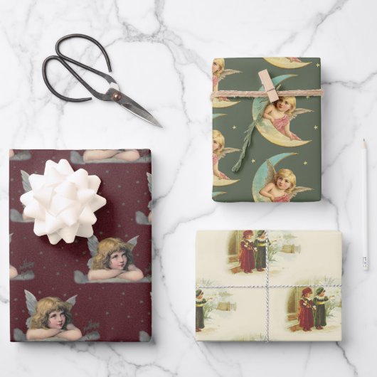 ヴィンテージクリスマスエンジェルズアートパターンラッピングパペ ラッピングペーパーシート (正面)