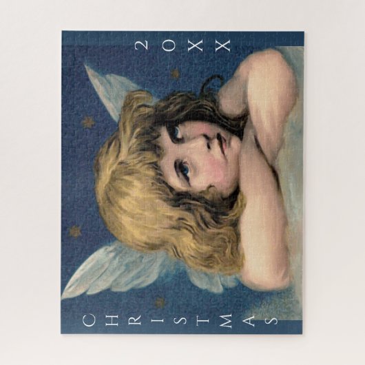 ヴィンテージクリスマスエンジェルチャイルドホワイトウィングスインディゴ ジグソーパズル (縦)
