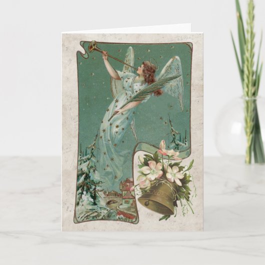 ヴィンテージクリスマスエンジェルミュージックベルホーンティール(緑がかった色)ブルー シーズンカード (正面)