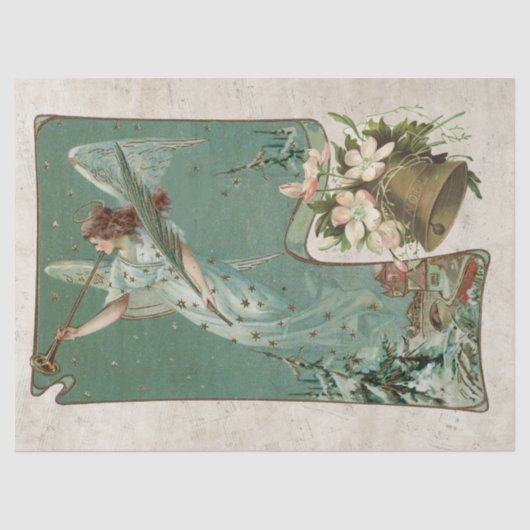 ヴィンテージクリスマスエンジェルミュージックベルホーンティール（緑がかった色）ブルー 薄葉紙 (正面)