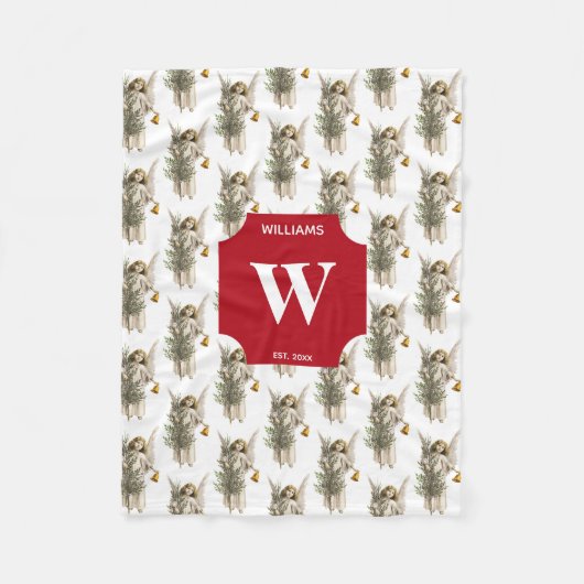 ヴィンテージクリスマスエンジェル&ツリーホリデイモノグラムの フリースブランケット (正面)